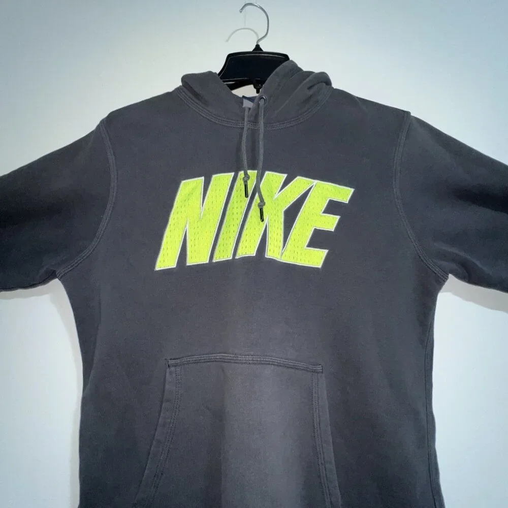 NIKE Hoodie Men’s M Gray /Neon Green Pullover Spell Out Big‎ Logo